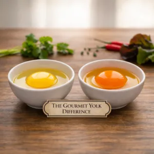 Close up of a deep orange gourmet egg yolk from Coppedge Farms in Dallas TX.