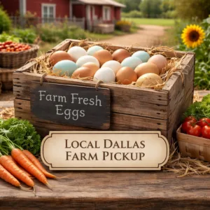 Local farm fresh eggs available for pickup at Coppedge Farms in Dallas, Texas.